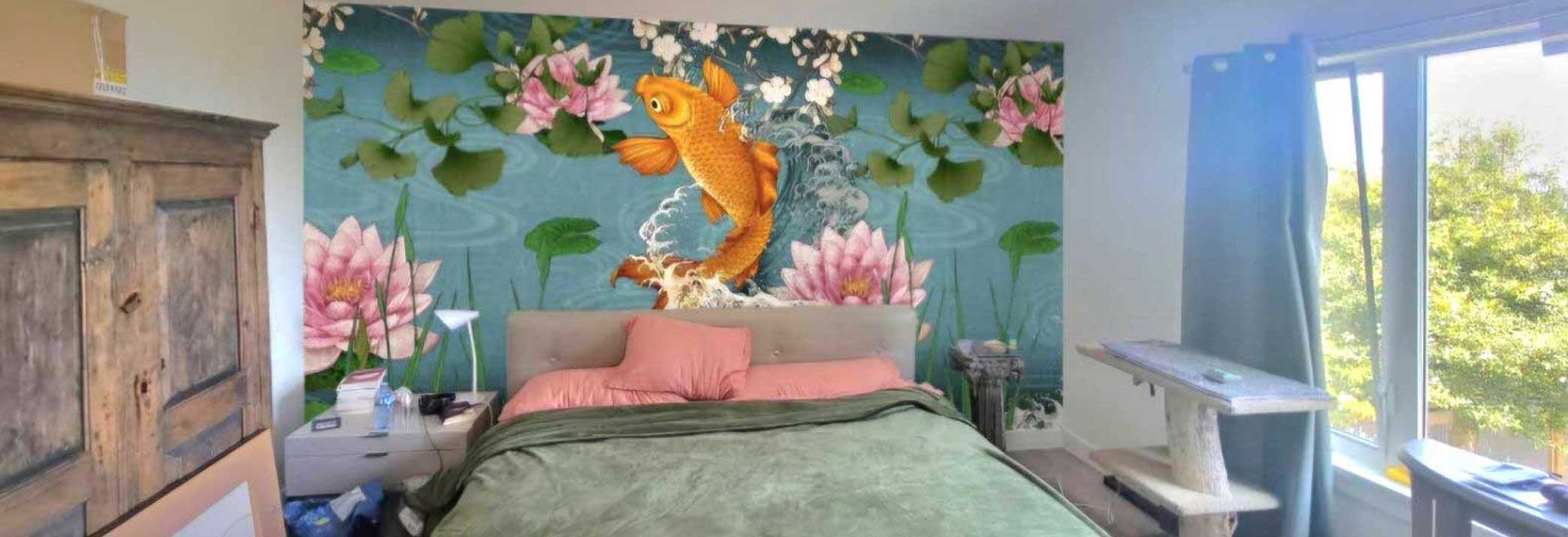 koi-lotus-wallpaper-mural-bedroom Bedroom feature wall with a koi fish and pink lotus wallpaper mural installed behind the bed