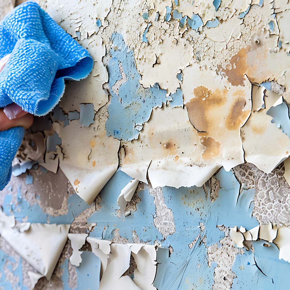 Layers of blue paint peeling and flaking off an interior wall, exposing the bare surface underneath
