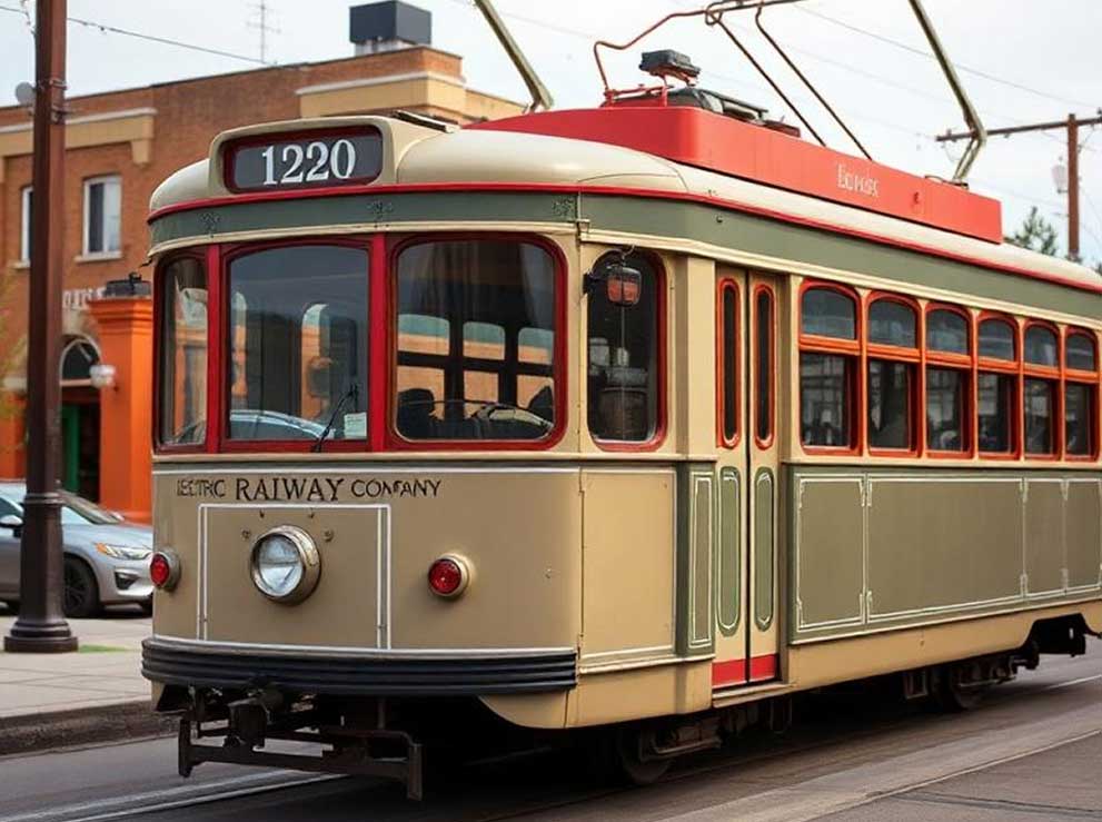Illustration of a vintage cream and green electric tram car numbered 1220